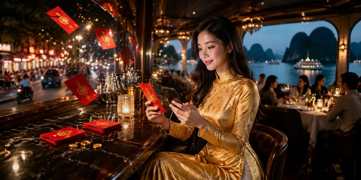 Người dùng Việt Nam nhận phong bì đỏ thưởng tại cảnh Hạ Long Bay với trang phục áo dài